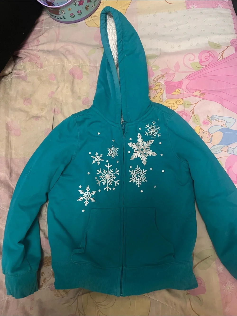1989 Place Teal Hooded Puffer Jacket with Snowflake Print